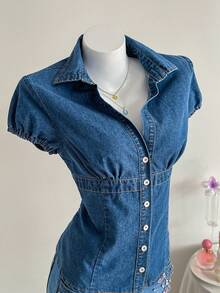 Elamini Áo sơ mi denim nữ dáng ôm, cài một hàng khuy, thích hợp mặc đi làm, mùa hè. - Màu xanh lam - Xem 4