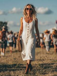 SHEIN Boho Minimalist Vacation Music Festival Carnival Textured Fabric Sleeveless Dress For Middle-Aged & Elderly Women - White - View 2