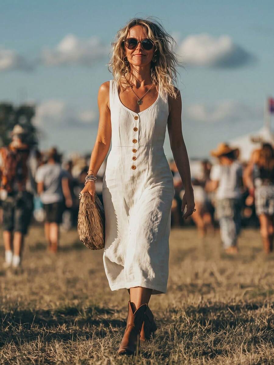 SHEIN Boho Minimalist Vacation Music Festival Carnival Textured Fabric Sleeveless Dress For Middle-Aged & Elderly Women