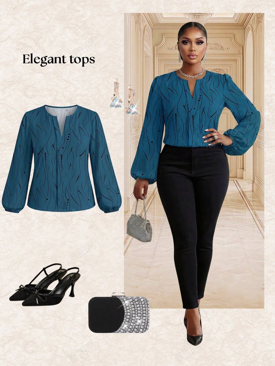 Fleurora Camisa de Manga Longa com Estampa de Bolinhas e Listras, Casual e Plus Size, Adequada para o Outono - Azul Empoeirado - Visão 1