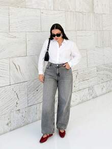 EURMUSE Plus High Waist Snow Wash Straight Jean - Grey - View 1