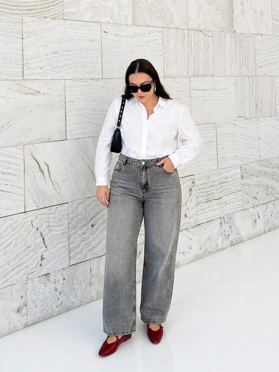 EURMUSE Plus High Waist Snow Wash Straight Jean - Grey - View 1