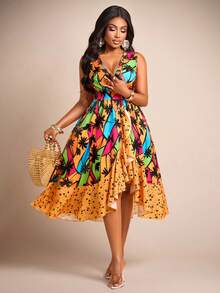 Brilight Vestido de verano de nuevo estilo con estampado de árbol de coco en estilo tropical, escote en V, silueta evasé y bordes irregulares con volantes. Adecuado para temporada de bodas, graduación, ocio diario, fiestas, citas, San Valentín, vacaciones y otras ocasiones - Multicolor - Ver 5