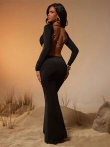 Hauture Women's Sexy Deep Neck Backless Long Sleeve Maxi Dress With Gold Sequin Chain Decor - Black - View 1