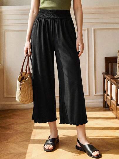 Écloséra French Retro Waist Drawstring Elastic Waist Loose Casual Black Mid-Length Pants For Women, Summer
