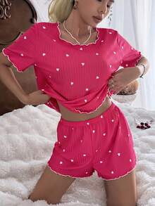 CottageSlumber Rose Red Heart Pattern Ribbed Knit Loose Fit Short Sleeve & Shorts Pajama Set For Women - Hot Pink - View 5