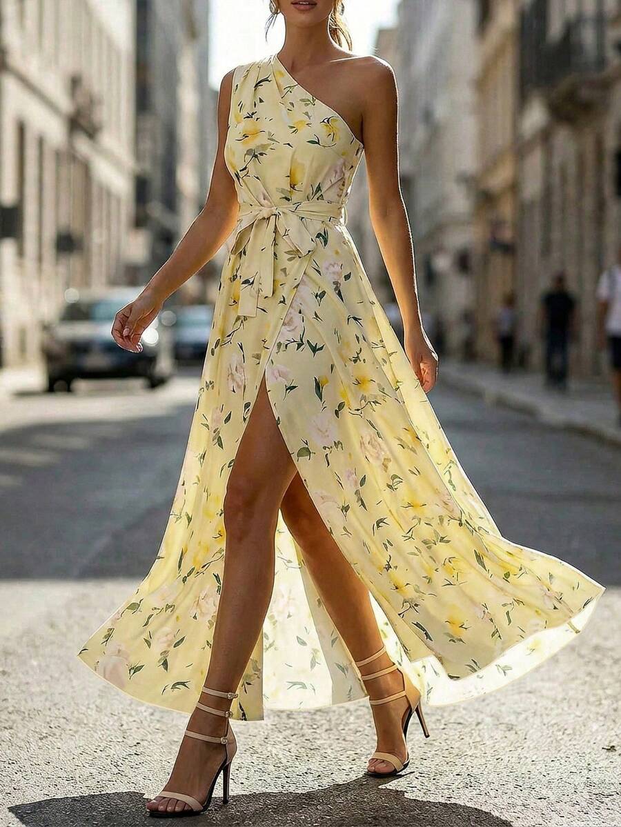 EMERY ROSE Women's Fashion Asymmetric Neck Ruched A-Line Elegant Printed Pleated Split Dress, Suitable For Spring And Summer - Multicolor - View 1