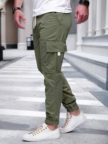 Manfinity Homme Men's Elastic Waist Drawstring Cargo Pants With Pockets And Ribbed Cuffs - Army Green - View 5