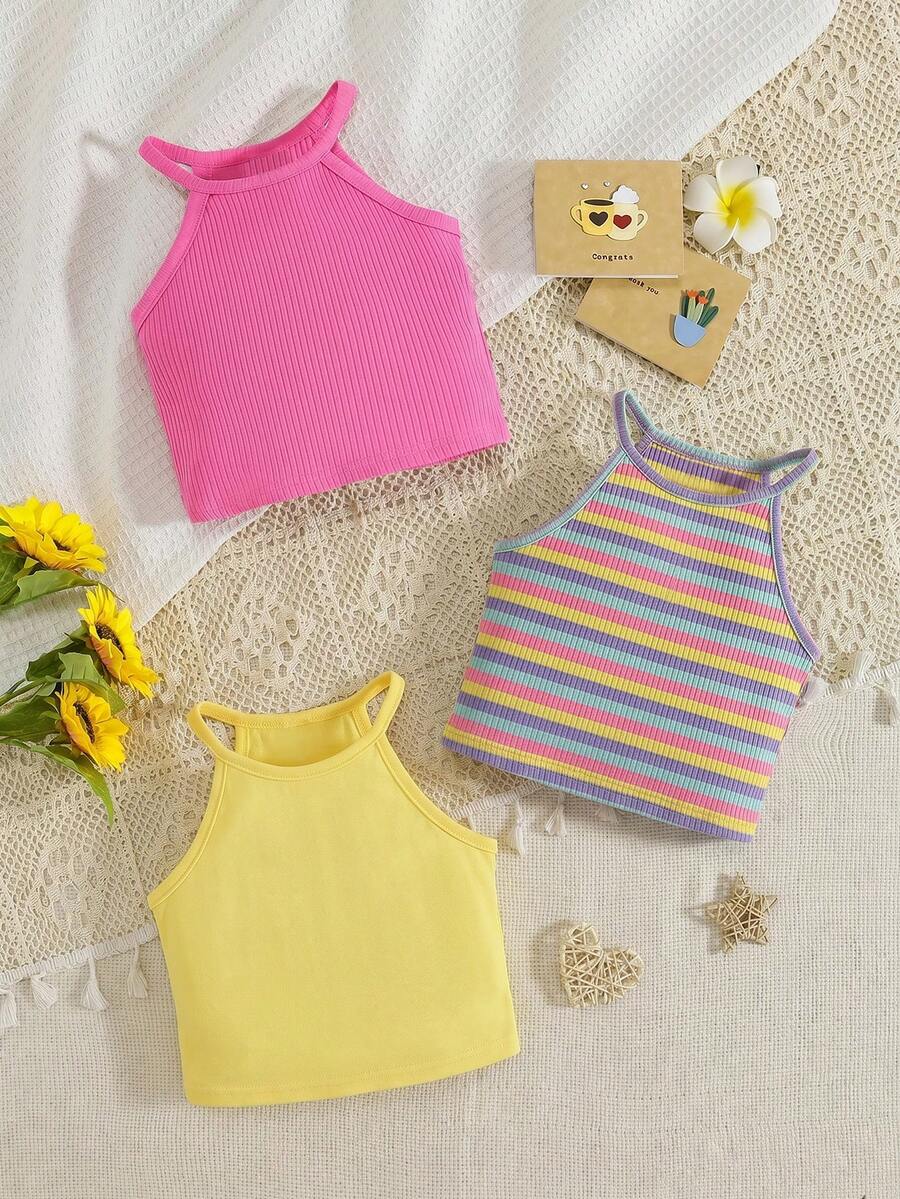3pcs Set: Solid Color Knit Sleeveless Tank Top & Striped Knit Sleeveless Tank Top For Young Girls - Multicolor - View 1