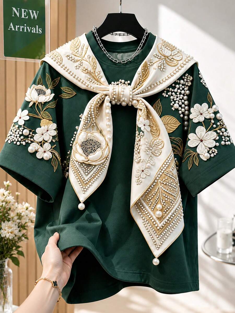 Resyla Áo thun nữ, thêu giả, in giả ngọc trai, cổ tròn, tay rộng, áo thun nữ thanh lịch, phù hợp mặc hàng ngày và hẹn hò, áo ngắn tay nữ. - Nhiều màu - Xem 1