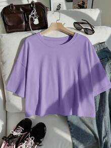 Comfortcana Purple Solid Color Dropped Shoulder Casual Plus Size T-Shirt - Purple - View 9