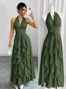 Rafferiza 女士优雅荷叶边腰身纯色夏季连衣裙 - 軍綠色 - 查看 6