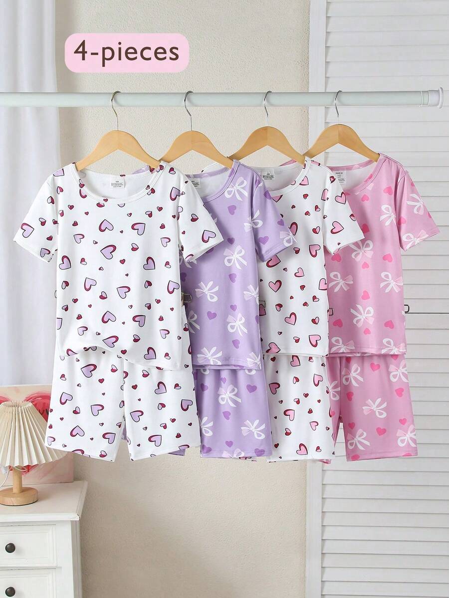 4件/2套青少年女孩時尚優雅白色底愛心&蝴蝶結愛心圖案印花紫色系列圓領套頭高彈性針織面料修身舒適休閒短袖短褲兩件式居家服 - 彩色 - 查看 1