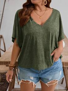 SHEIN Frenchy Áo thun tay cánh dơi phối ren, khoét rỗng, cỡ lớn, kiểu dáng thường ngày. - xanh quân đội - Xem 6