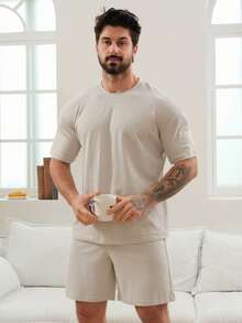 DAZY Men's Solid Color T-Shirt And Loungewear Set, Summer - Apricot - View 4