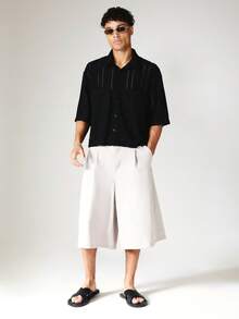 SUMWON Crochet Knit Short Sleeve Button-Up Shirt With Open Weave Texture And Camp Collar - Black - View 2