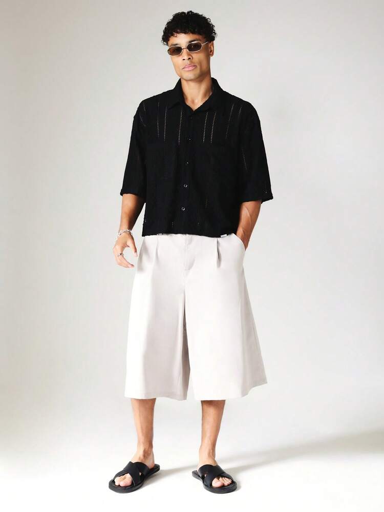 Crochet Knit Short Sleeve Button-Up Shirt With Open Weave Texture And Camp Collar