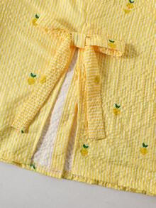 Casuvi Kids 女童柠檬条纹数码印花套装（2件套），短袖衬衫和短裤，适合通勤和日常穿着 - 黃色 - 查看 9