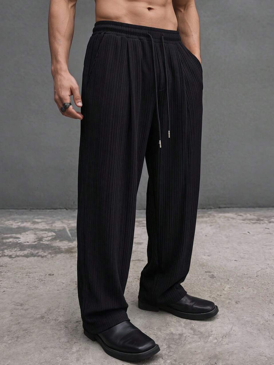 Long Elastic Waist Solid Black Pants