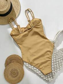 Swim Chiccia 女士纯色吊带金属装饰镂空沙滩度假连体泳衣 - 卡其色 - 查看 5