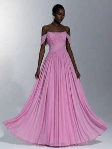 Elitara Elegant Pink Women's Evening Gowns,Strapless Asymmetrical Ruched A-Line Dress With Detachable Halter,Handmade Rope Decor Super Flared Party Dress - Baby Pink - View 1