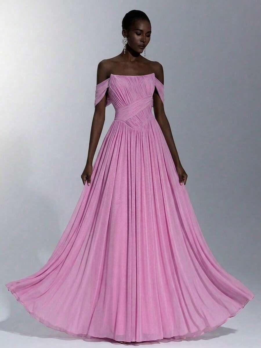 Elitara Elegant Pink Women's Evening Gowns,Strapless Asymmetrical Ruched A-Line Dress With Detachable Halter,Handmade Rope Decor Super Flared Party Dress - Baby Pink - View 1