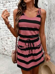 EMERY ROSE Women's Casual Striped Drawstring Waist Sleeveless Dress, Summer - Red Violet - View 5