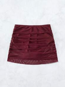 Swim Vcay 女款度假百搭抓皺泳裝下身遮罩裙 酒紅色夏季休閒海灘度假泳裝下身遮罩裙 - 酒紅色 - 查看 4