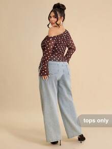 SHEIN BAE CURVE 大码女式复古波点印花不对称肩部网纱上衣 - 彩色 - 查看 2