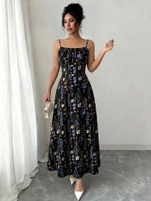 Arcane Artistry Casual Floral Print Maxi Slip Dress For Summer - Black - View 1