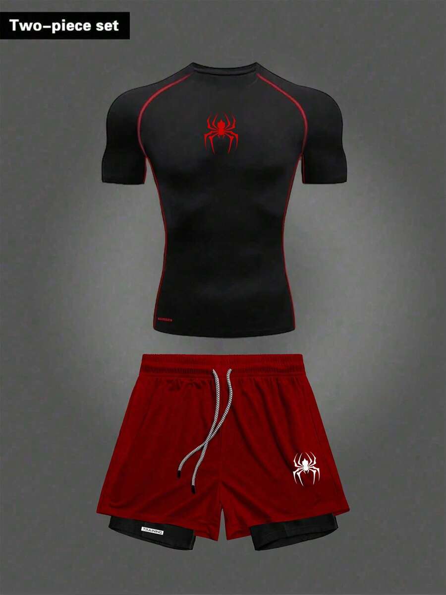 Gym Rark Men's Spider Print Contrast Color Round Neck Sleeveless Top And Drawstring Waist Shorts Sports Suit, Gym - Black - View 1