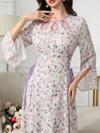 Yasmyna Đầm nữ thanh lịch in hoa toàn thân, kiểu dáng Ả Rập, thắt eo chéo.