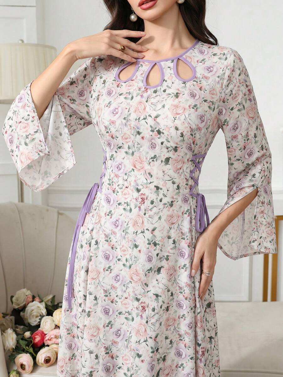 Yasmyna Đầm nữ thanh lịch in hoa toàn thân, kiểu dáng Ả Rập, thắt eo chéo.