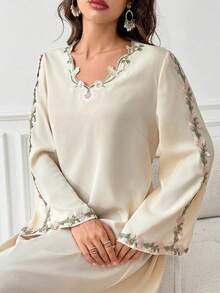 Al Najma Plus Size Women Elegant Modest Pilipinyana Floral Embroidery Flare Sleeve Arabic Abaya Formal Wedding Beige Summer - Apricot - View 4