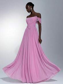 Elitara Elegant Pink Women's Evening Gowns,Strapless Asymmetrical Ruched A-Line Dress With Detachable Halter,Handmade Rope Decor Super Flared Party Dress - Baby Pink - View 5