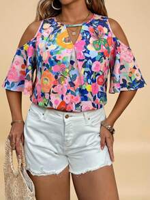 Comfylo Blusa casual versátil de uso diario con estampado floral y hombros descubiertos para mujer de talla grande - Multicolor - Ver 4