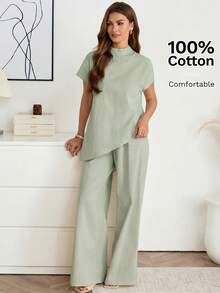 Easowa Bộ đồ nữ 2 mảnh màu mơ, chất liệu 100% cotton, dáng rộng, gồm áo sơ mi cổ đứng tay ngắn cánh dơi vạt bất đối xứng và quần dài, kiểu dáng thanh lịch, phù hợp cho công sở, đi làm và mặc thường ngày, thích hợp cho mùa xuân/hè. - màu xanh lá - Xem 7