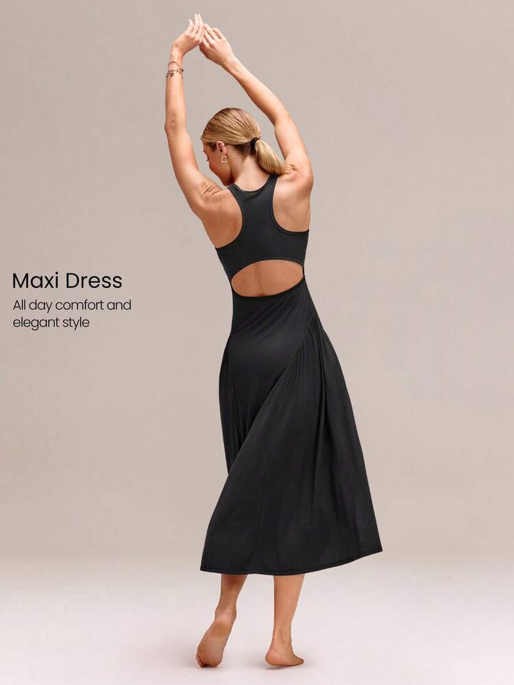 SoftCalm Modal Crewneck Cutout Flowy Wide Hem Racerback Maxi Dress With Removable Cups Daily Casual Summer Wear