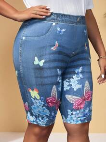 BrightlyHer Plus Size Women's Butterfly & Flower Pattern Printed Short Leggings For Summer - Navy Blue - View 3