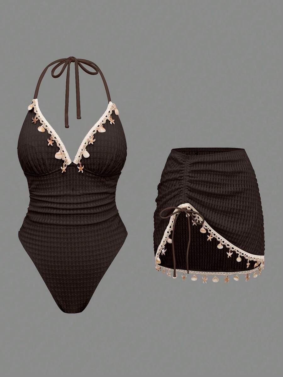 Swim Oasis Women Solid Color Triangle Bikini Top With Shell Chain Strap & Ruched Hem Skirt Two Pieces Swimsuit - Coffee Brown - View 1