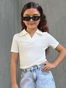 Dazy Kids Tween Girls' Collared Short Sleeve Fitted T-Shirt Summer - White - View 8