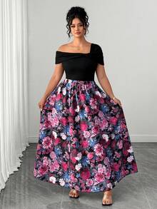 SHEIN Clasi Plus Size Women's Summer Solid Color Knit Asymmetric Collar Short Sleeve Fitted Versatile Top And Black Pink Retro Elegant Skirt Wedding Evening Party - Black - View 6