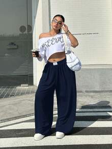 Muchica Navy Blue Plus Size Women's Casual Loose Fit Wide Leg Pants With Pockets - Navy Blue - View 5