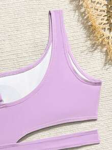 SHEIN Áo croptop dệt kim dễ thương cho bé gái tuổi teen, màu trơn, thiết kế vai và eo khoét không đều, áo tắm liền thân in chấm bi, phong cách thời trang thanh lịch kiểu Âu Mỹ, thích hợp cho bơi lội, mùa hè, bãi biển, kỳ nghỉ. - Màu tím - Xem 4