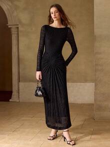MOTF PREMIUM WOMEN'S ELASTIC JACQUARD STRUCTURED DESIGN FITTED ELEGANT DRESS, SPRING/SUMMER - Black - View 4