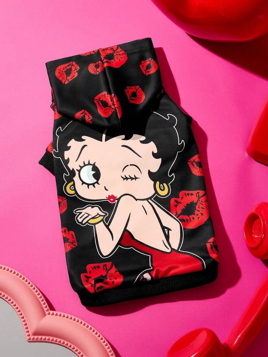 Betty Boop x SHEIN 1件卡通圖案印花寵物連帽衛衣,貓咪衣服,狗狗衣服,尺寸XXS-XXXXL,特小號,特大號,俏皮,可愛,性感,唇印 - 黑色 - 查看 1