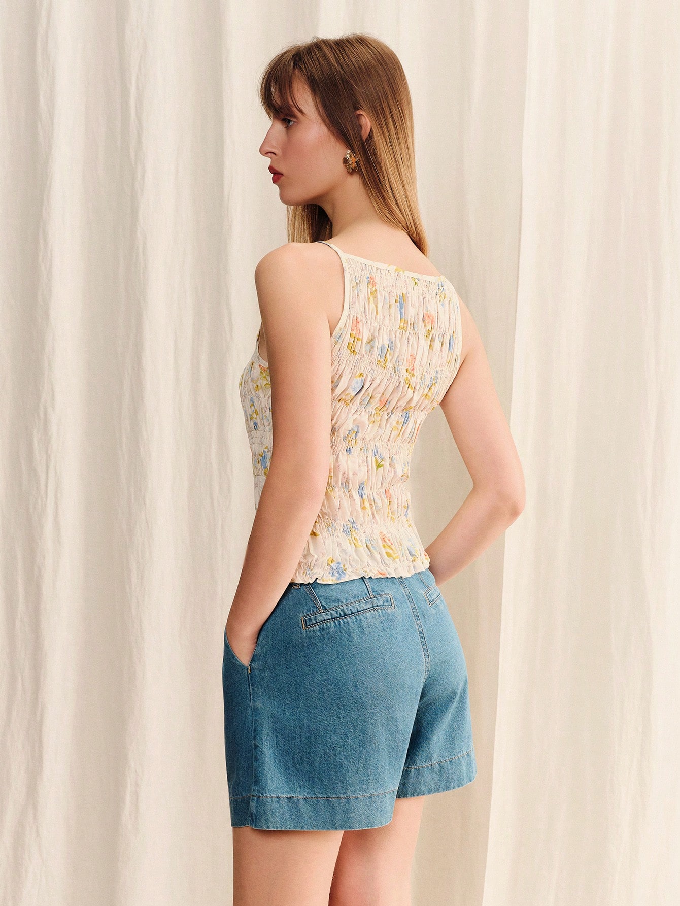 White Shirred Boatneck Cute Floral Print Top Spring Summer Casual Holiday Top Going Out Top French Style Top Cute Top