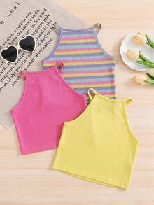 3pcs Set: Solid Color Knit Sleeveless Tank Top & Striped Knit Sleeveless Tank Top For Young Girls - Multicolor - View 3