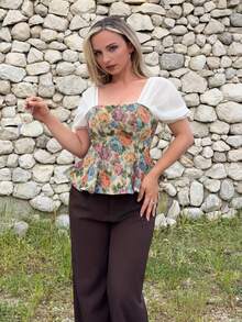 Jeta Ari Women's Floral Patchwork Jacquard Short Sleeve Blouse Vacation Summer - White - View 1