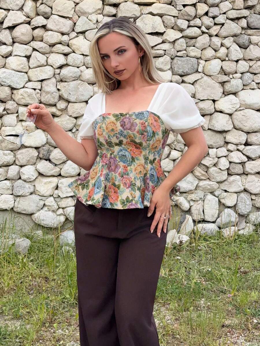 Jeta Ari Women's Floral Patchwork Jacquard Short Sleeve Blouse Vacation Summer - White - View 1
